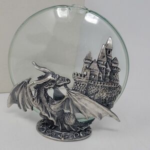 Vintage Pewter Glass Circle Oil Lamp Bud Vase Metal Dragon & Castle w/ Wick